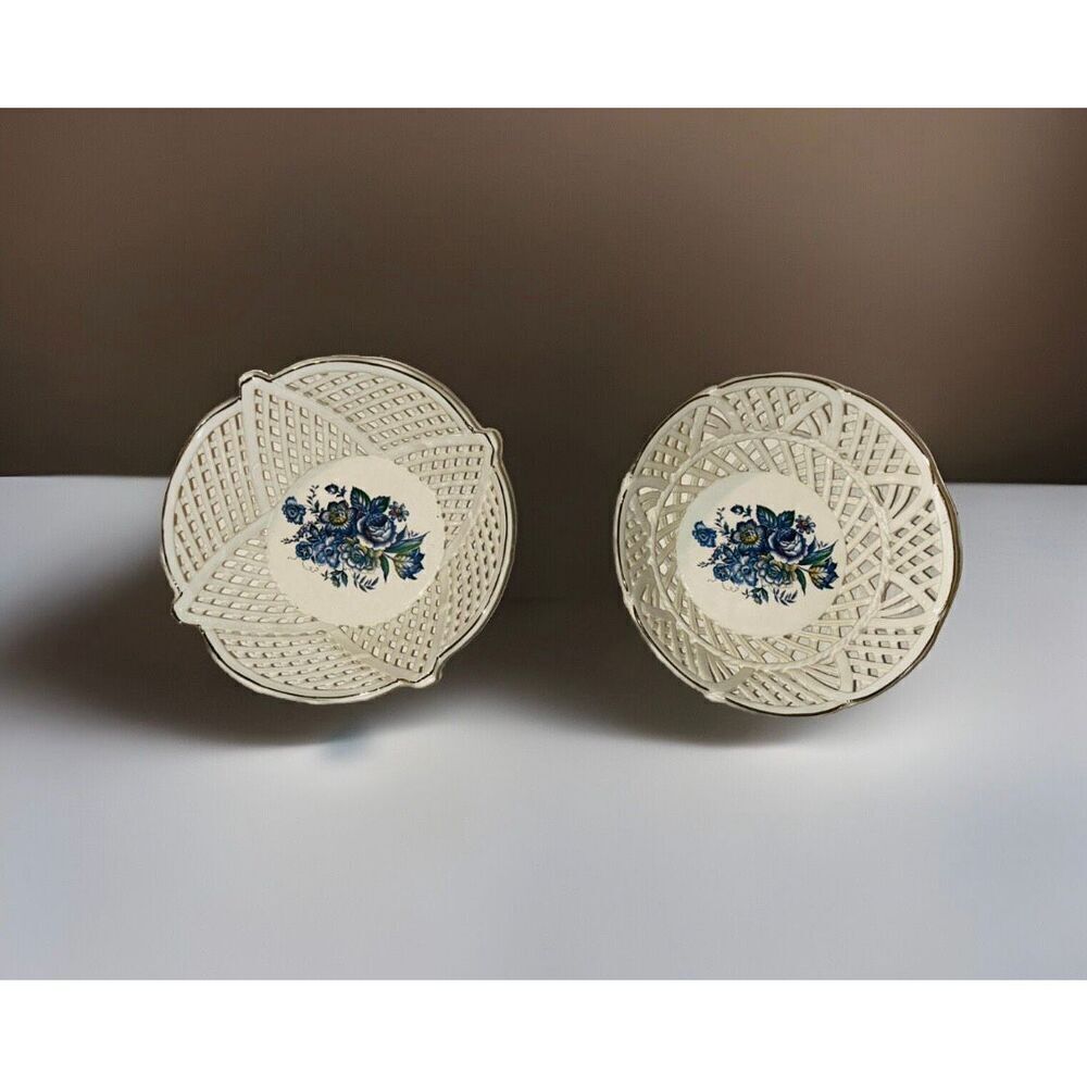 White Round Woven Latticed Ceramic Basket Bowl Open Weave Set Of 2